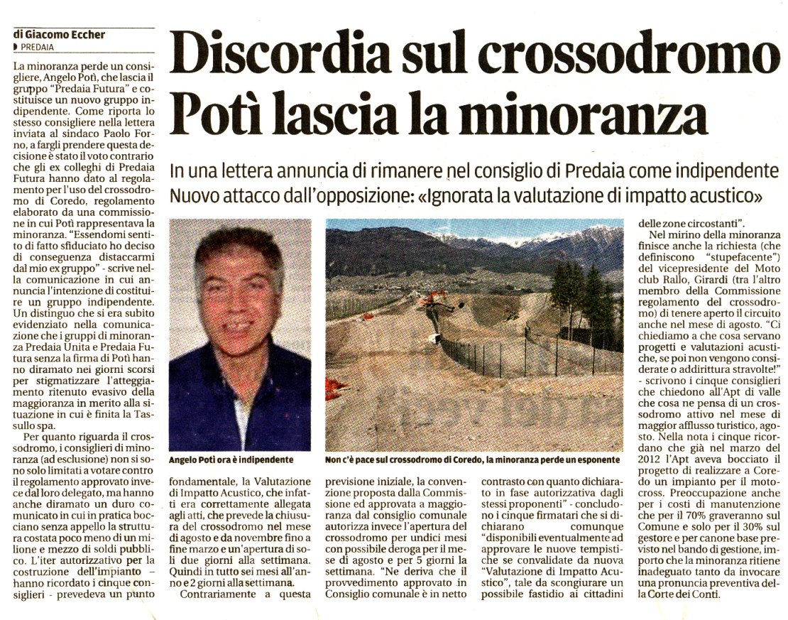 2016-09-24 00:00:00 - Discordia sul crossodromo - Potì lascia la minoranza - Eccher Giacomo - Trentino